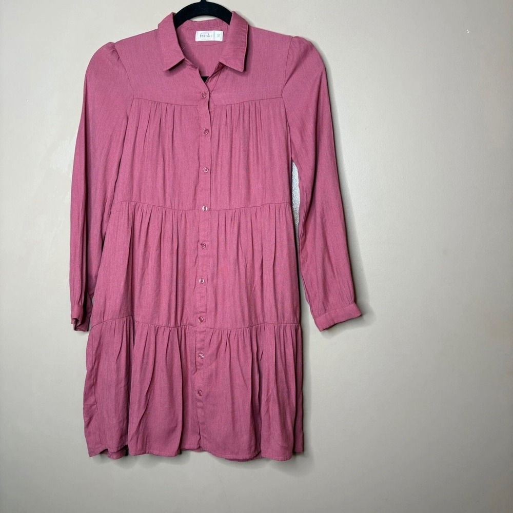 Franki by Francescas Girls Pink Tiered Long Sleeve Button Front Shirt Dress 10